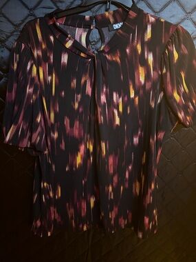 DKNY Black Short-Sleeve Blouse with Pink and Yellow Abstract Print